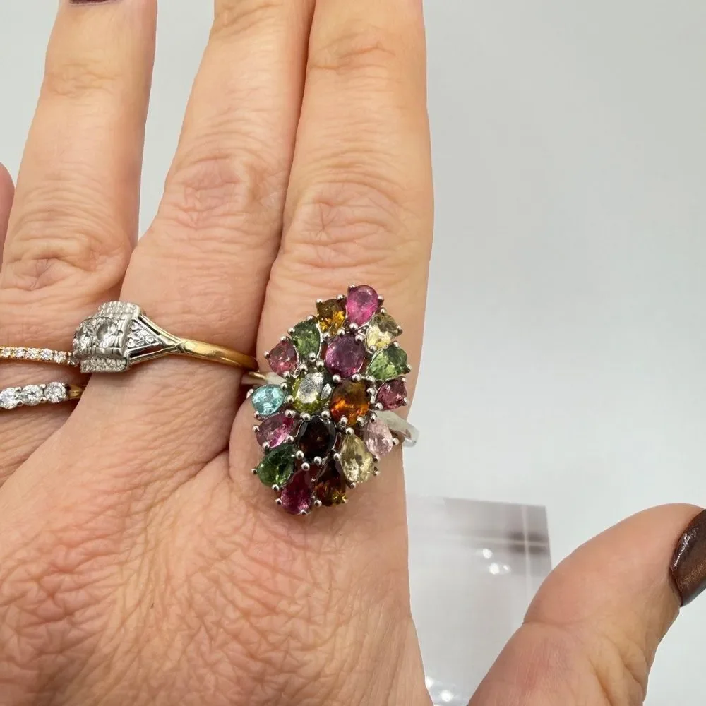D'Joy‎ Multi-colored pear cut tourmaline waterfall ring in sterling silver!